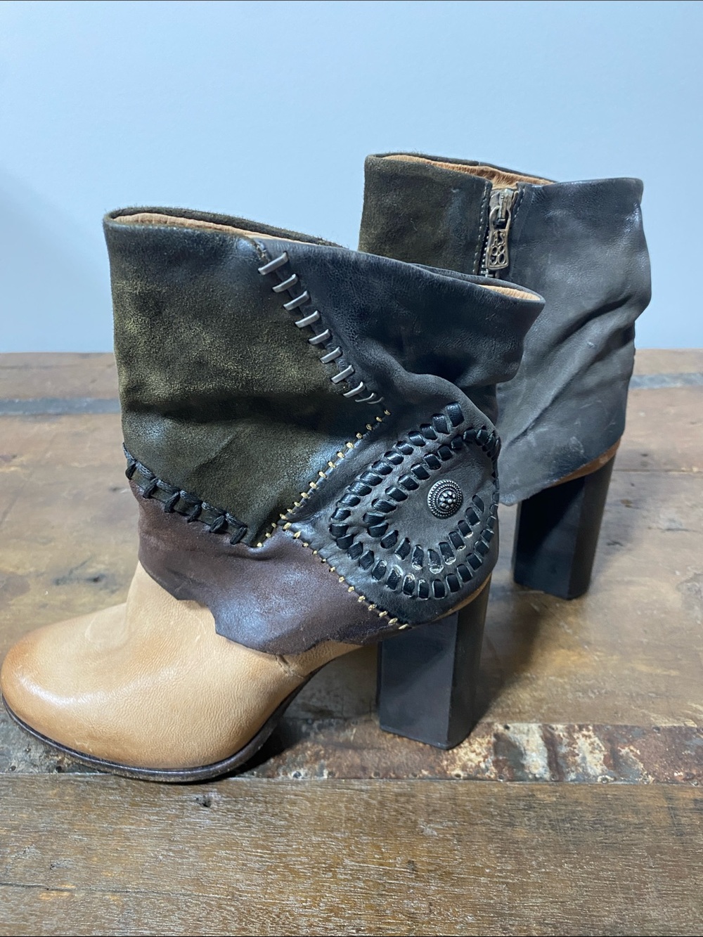 Women's Mixed-Material Patchwork Ankle Booties in Brown and Tan